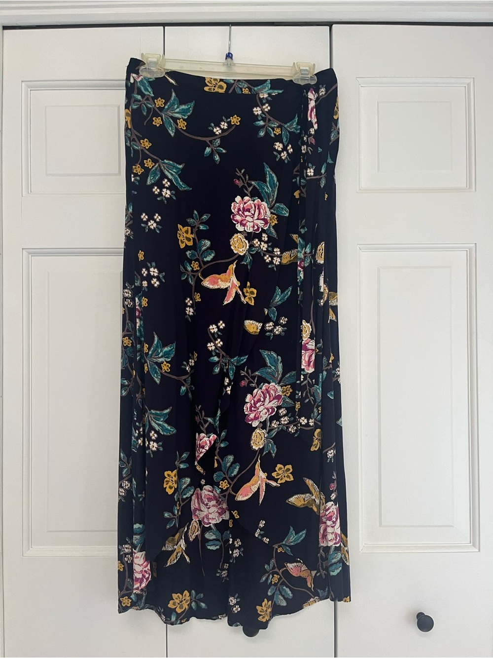 Blue Rain Floral Wrap Maxi Skirt Black Boho Size Medium